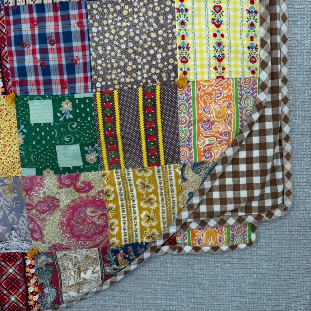 Vintage Patchwork Quilt Blanket Twin Size Multicolor Floral Plaid Gingham Boho